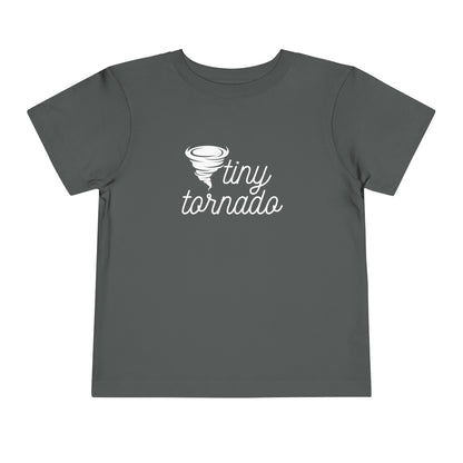 Comfortable funny graphic toddler tee stating 'Tiny Tornado' in color asphalt