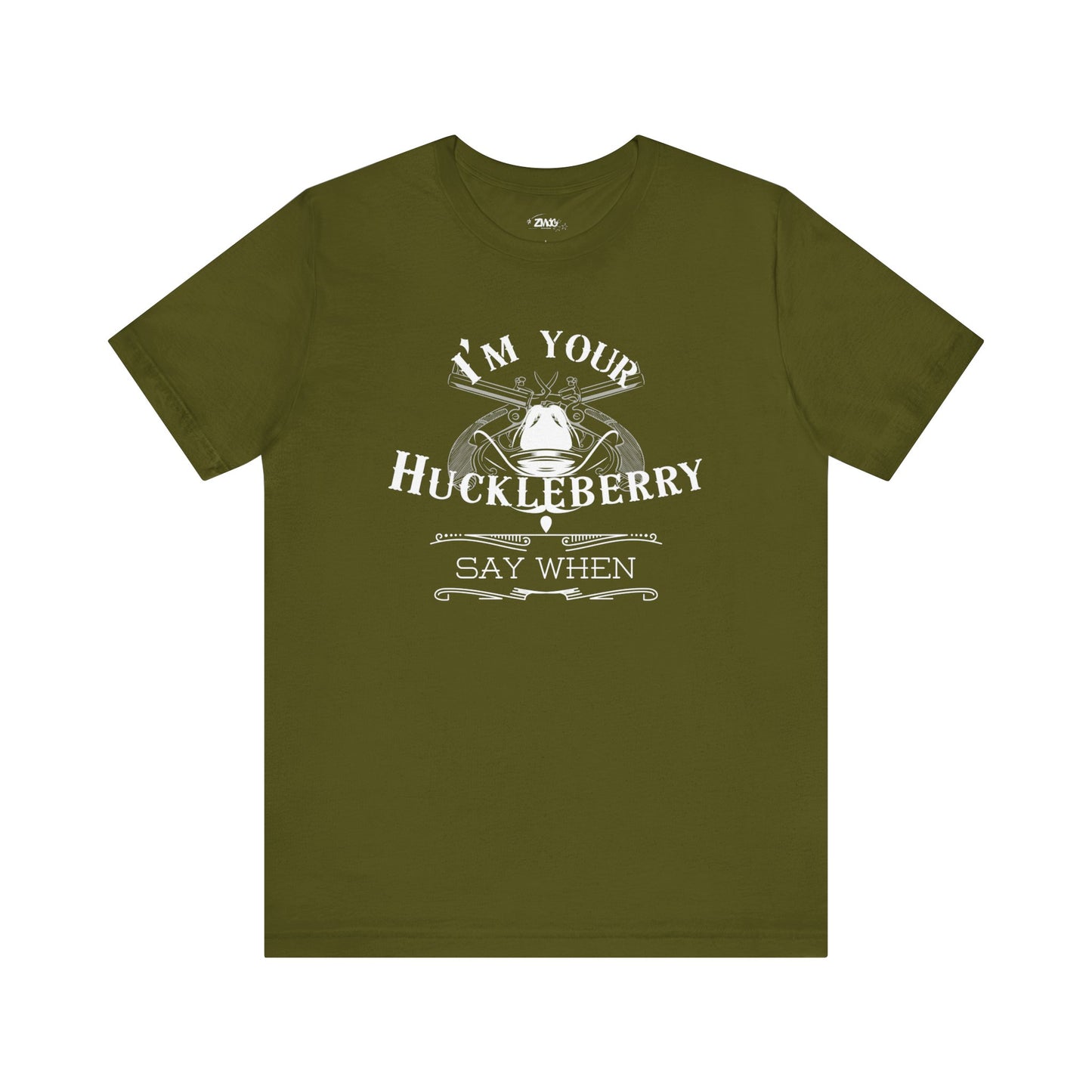 Comfortable movie quote graphic tee stating I'm Your Huckleberry - Say When in color  olive
