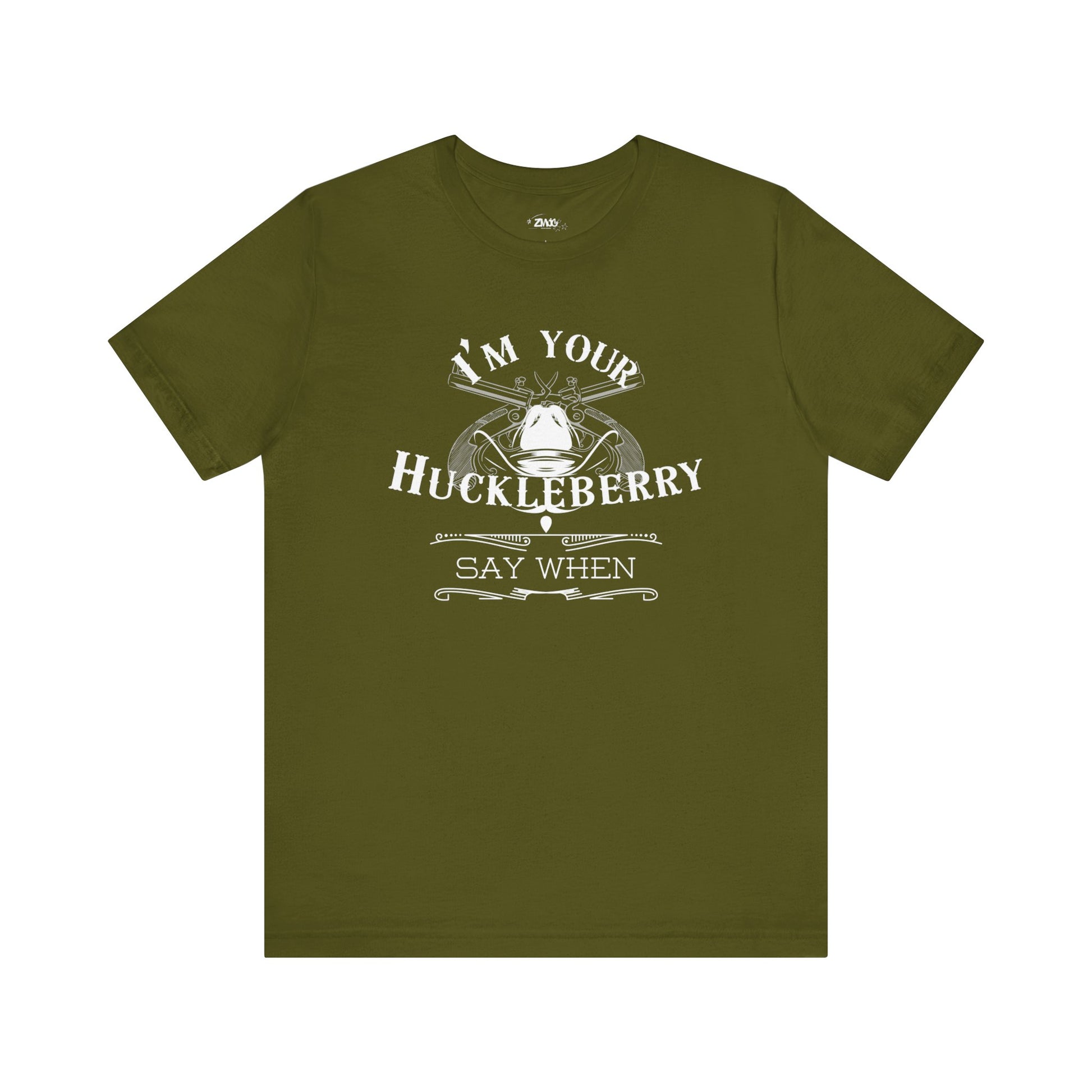Comfortable movie quote graphic tee stating I'm Your Huckleberry - Say When in color  olive