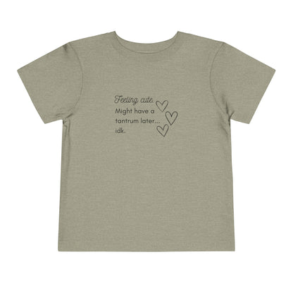 Comfortable funny graphic toddler tee stating 'Feeling cute. Might have a tantrum later...idk' in color heather stone
