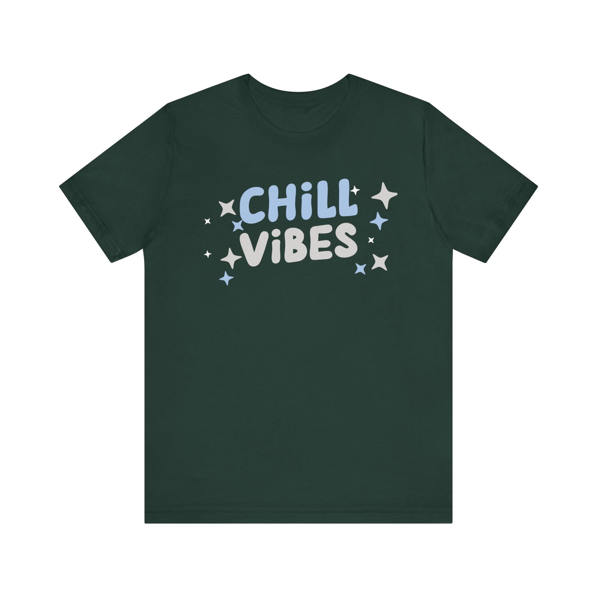 Cotton graphic tee stating 'Chill Vibes' in color forest