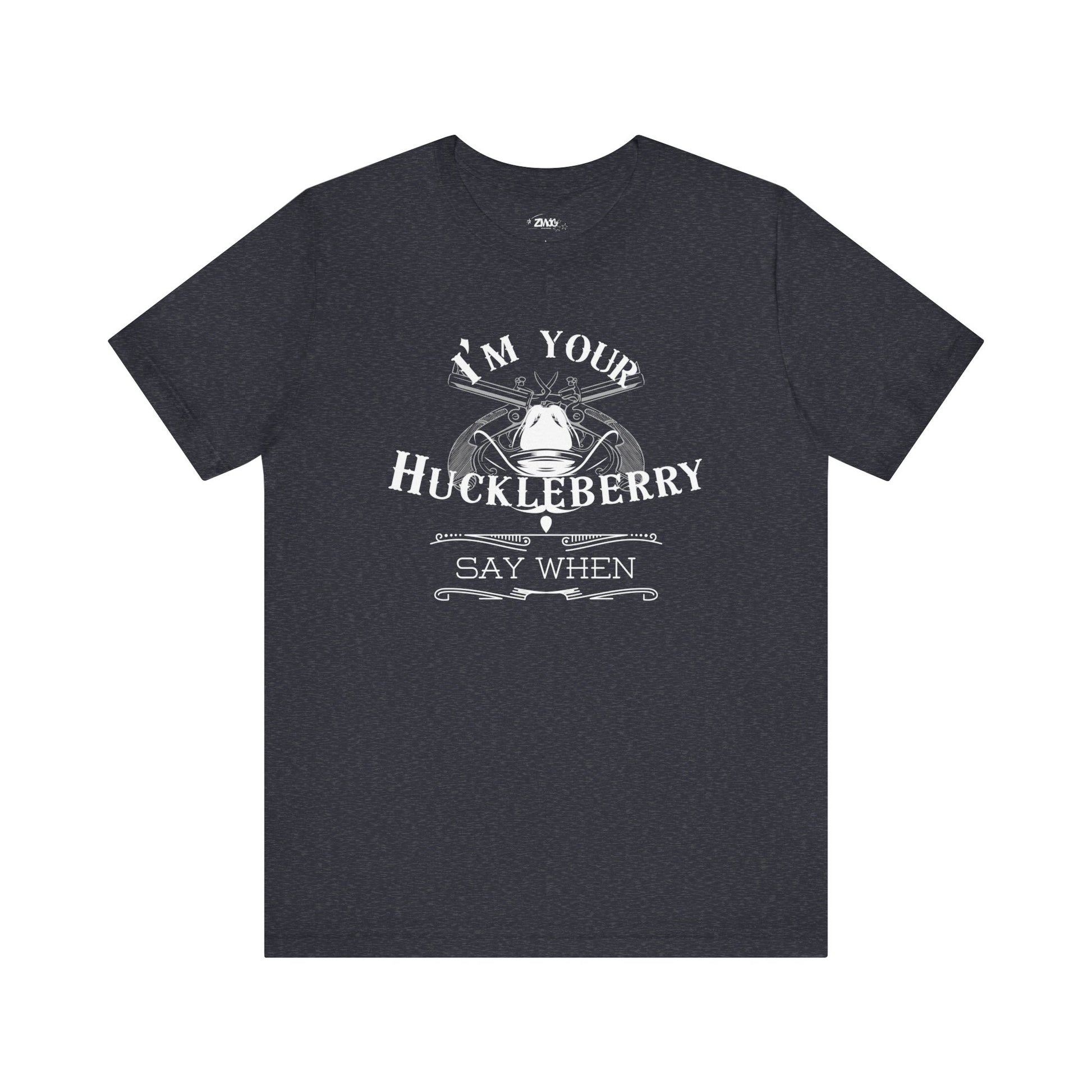 Comfortable movie quote graphic tee stating I'm Your Huckleberry - Say When in color  heather navy