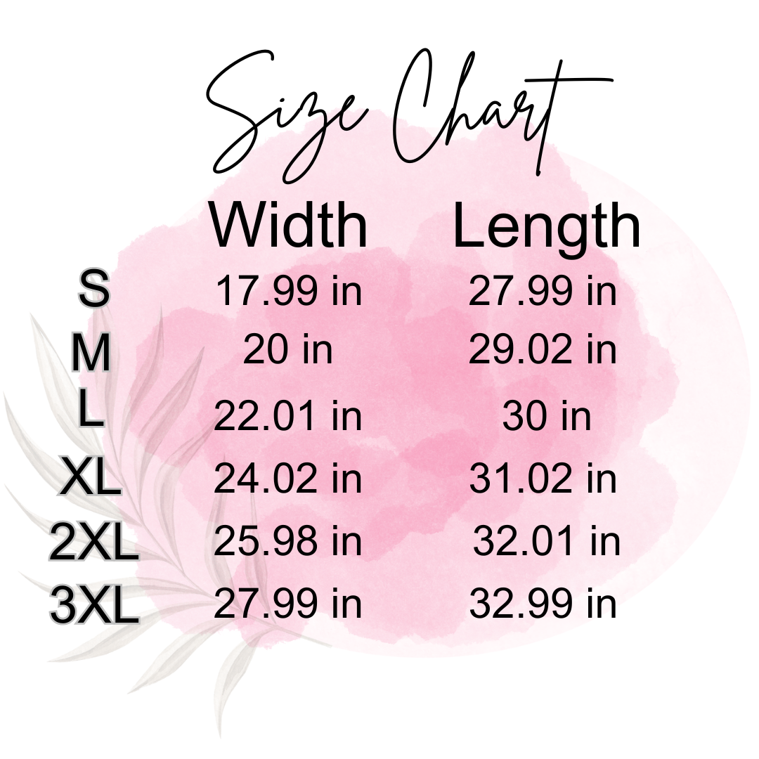 Size Chart for Comfortable Unisex Graphic T-Shirt stating Protected by Karma in sizes Small, Medium, Large, Extra Large, 2XL, and 3XL.