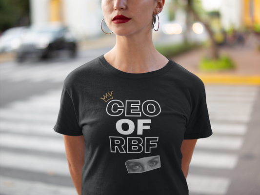 Serious woman with red hair and red lipstick wearing comfortable adult humor tee stating CEO of RBF in color black