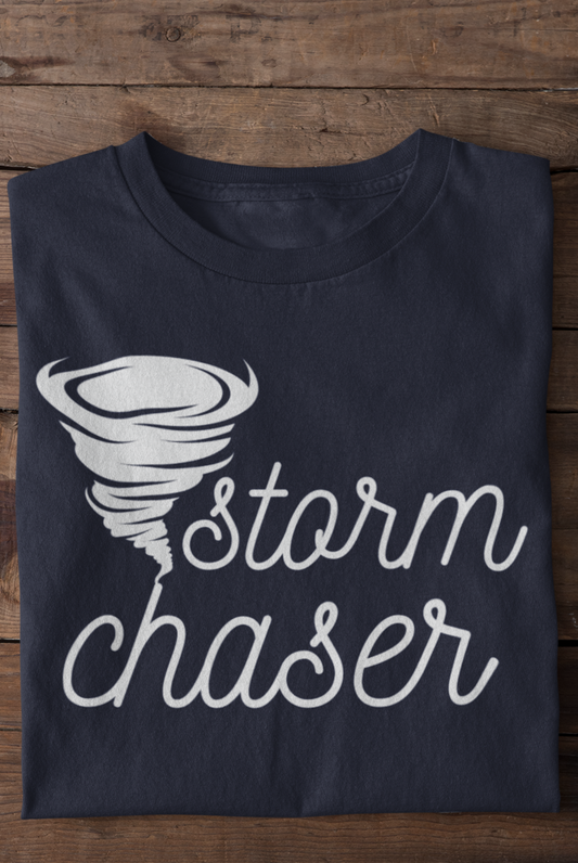 Comfortable graphic tee stating 'Storm Chaser' in color navy