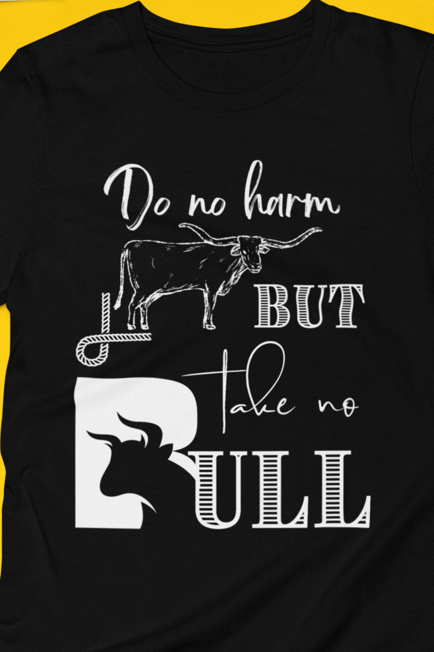 Unisex Southern Tee stating 'Do No Harm But Take No Bull' in color black