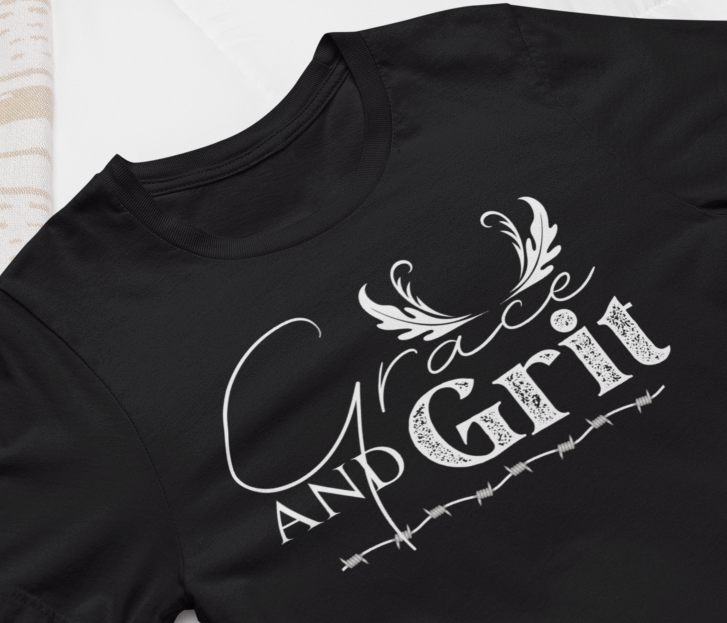 Comfortable southern tee stating 'Grace and Grit' in color black