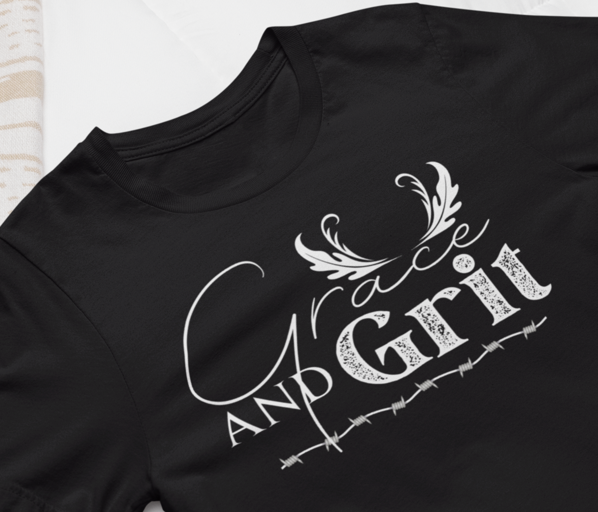 Comfortable southern tee stating 'Grace and Grit' in color black