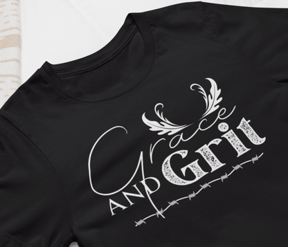Comfortable southern tee stating 'Grace and Grit' in color black