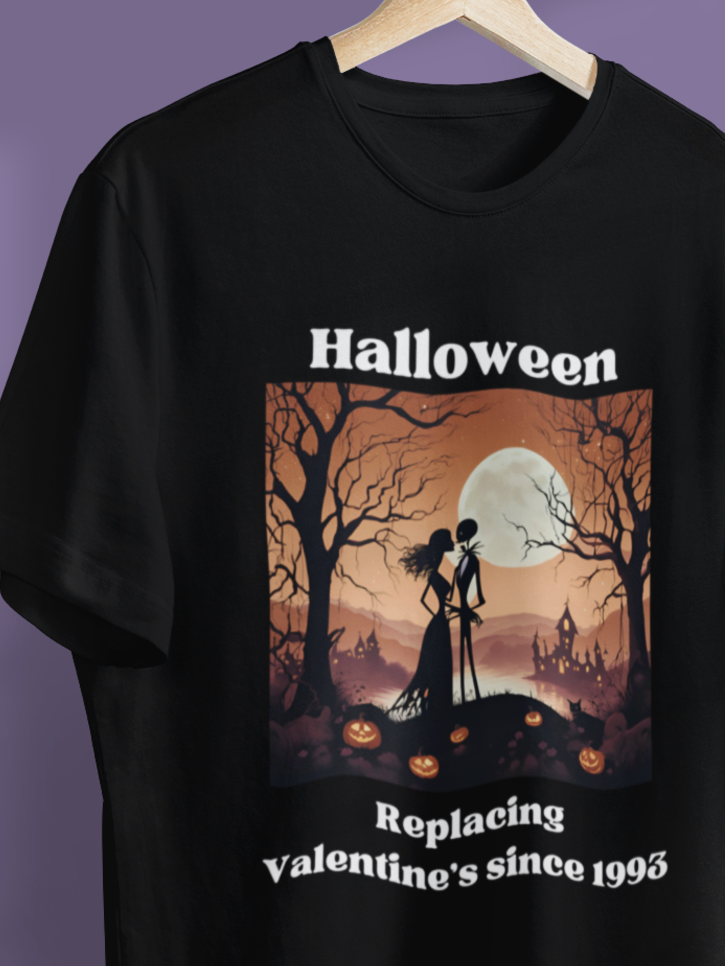 Comfy unisex tee stating 'Halloween replacing Valentine's since 1993' in color black
