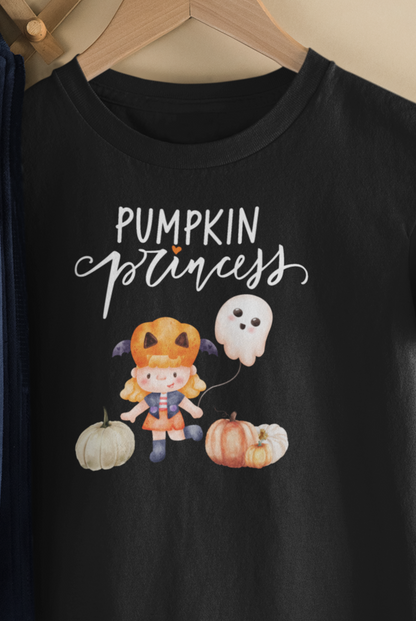 Halloween toddler girl tee stating 'Pumpkin Princess' in color black