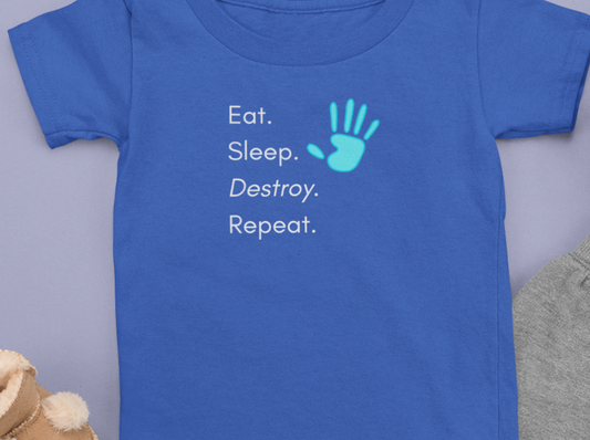 Comfortable funny graphic toddler tee stating 'Eat. Sleep. Destroy. Repeat' in color true royal