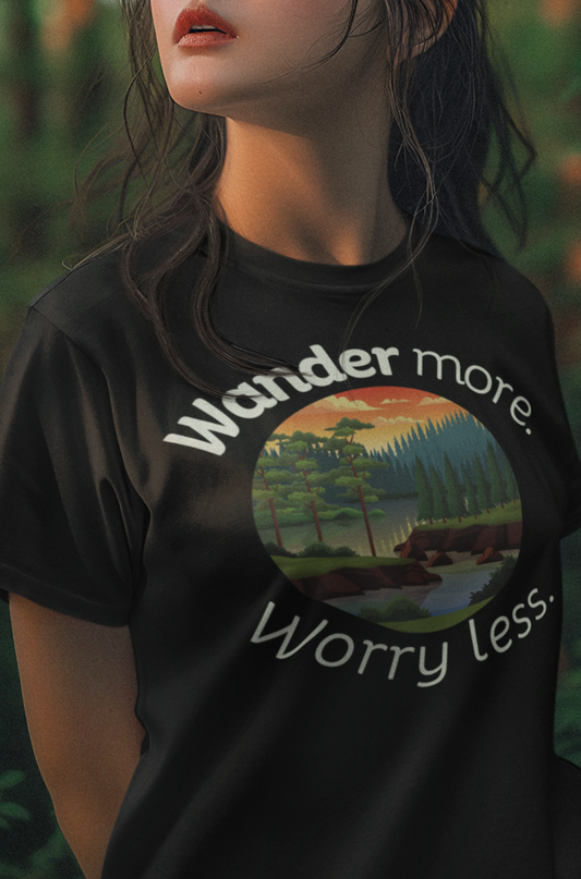 Woman wearing black cotton t-shirt stating 'Wander more. Worry less.' in color black.