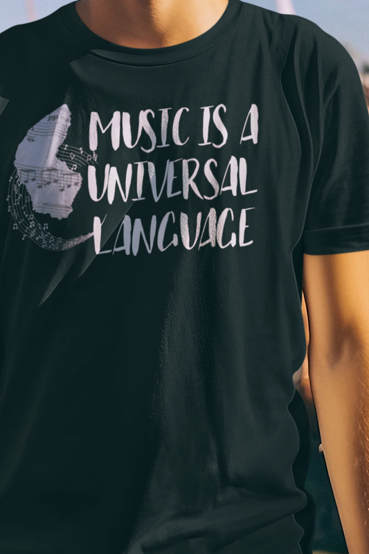 Unisex graphic good vibes tee stating 'Music is a universal language' in color black