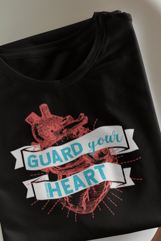 A cotton graphic tee stating 'Guard Your Heart' in color black