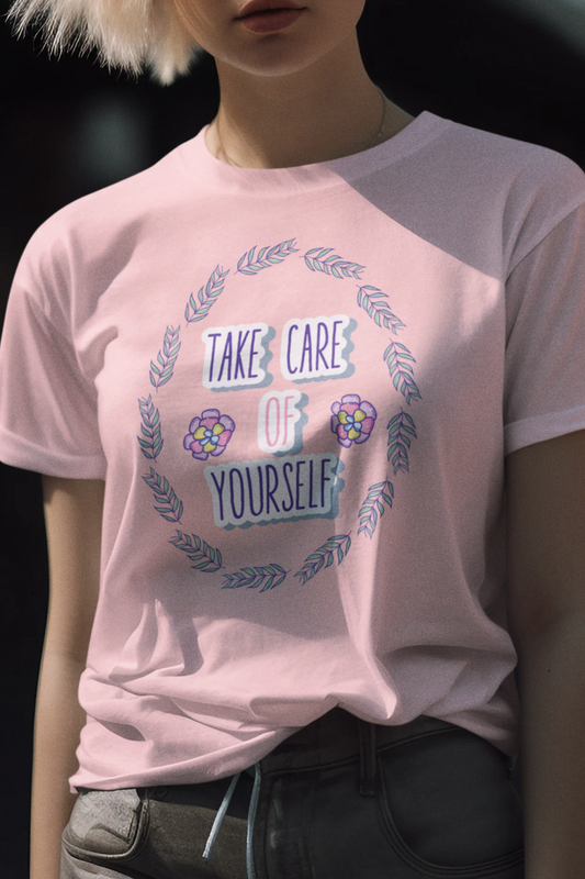 Woman's good vibe graphic tee stating 'Take Care of Yourself' in color pink