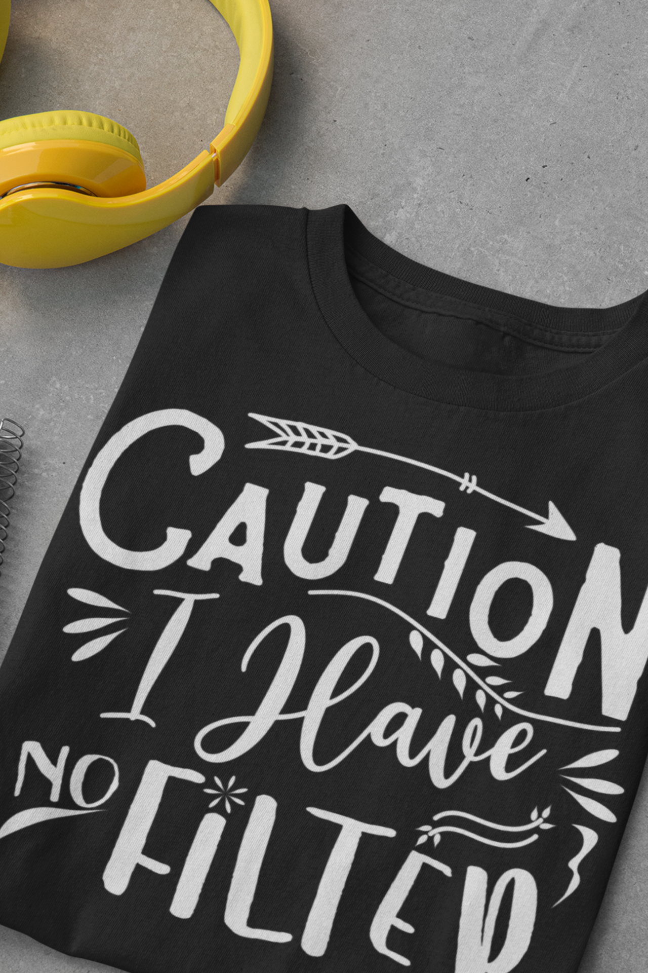Graphic cotton tee stating 'Caution: I have no filter' in color black