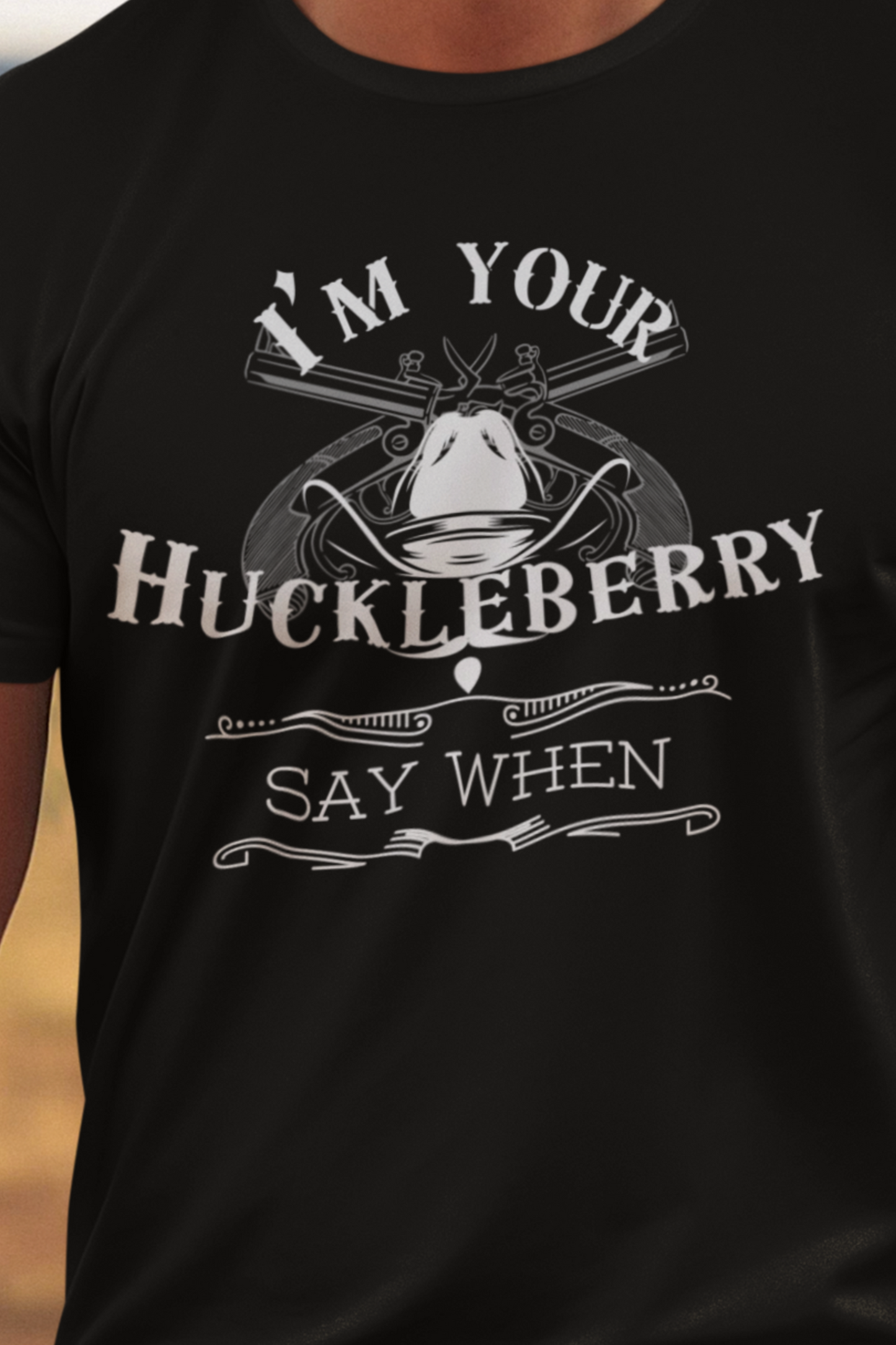Men's graphic tee part of bundle and save money stating 'I'm Your Huckleberry - Say When' in color black