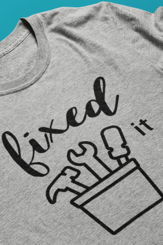 Adult graphic tee stating 'Fixed It' in color athletic heather