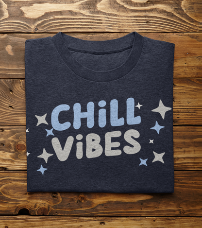 Cotton graphic tee stating 'Chill Vibes' in color heather navy