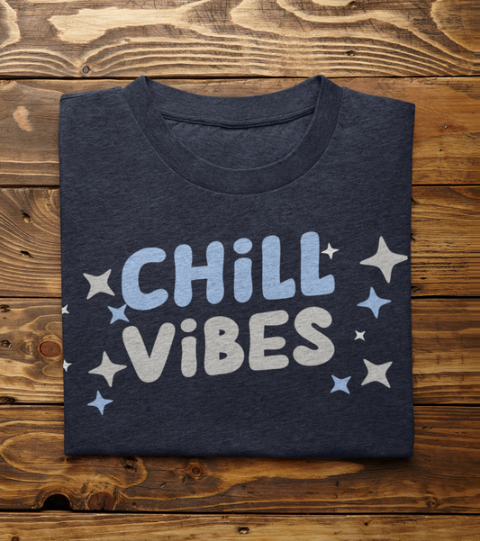 Cotton graphic tee stating 'Chill Vibes' in color heather navy