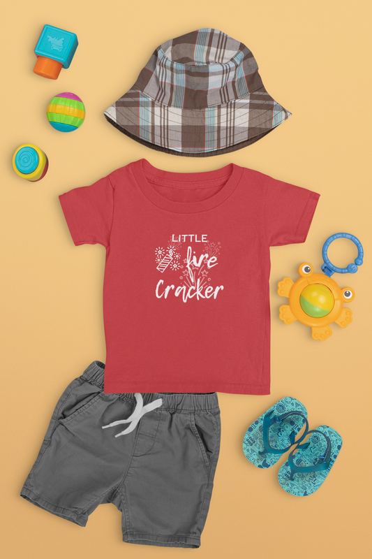 Comfortable funny graphic toddler tee stating 'Little Fire Cracker' in color red
