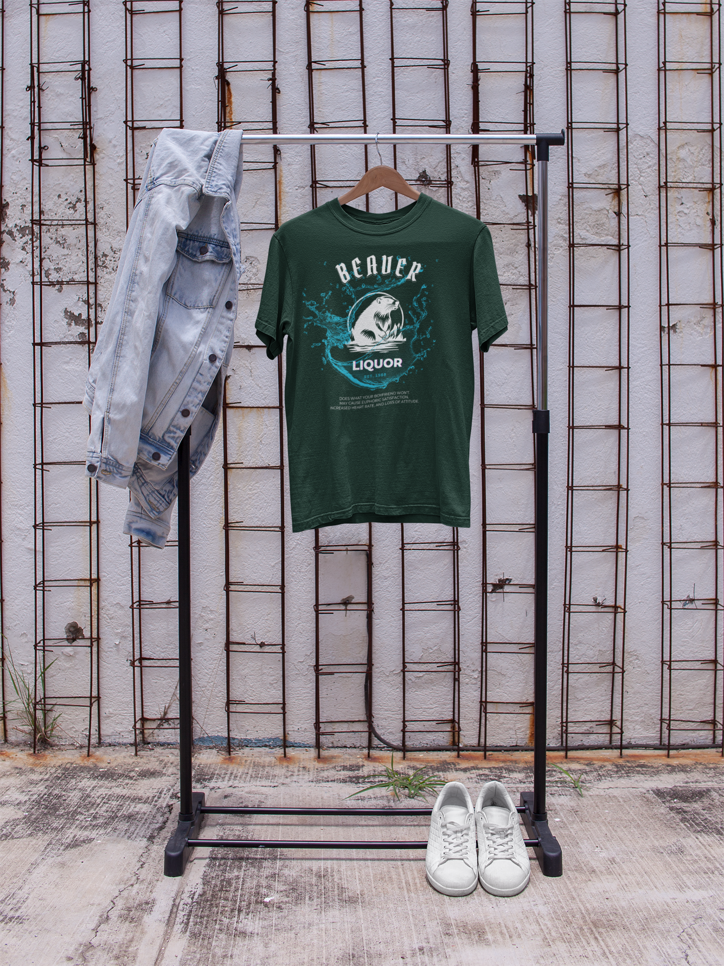 Comfortable graphic tee stating Beaver Liquor est. 1988 Does what your boyfriend wont. May cause euphoric satisfaction, increased heart rate, and loss of attitude in color Forest.